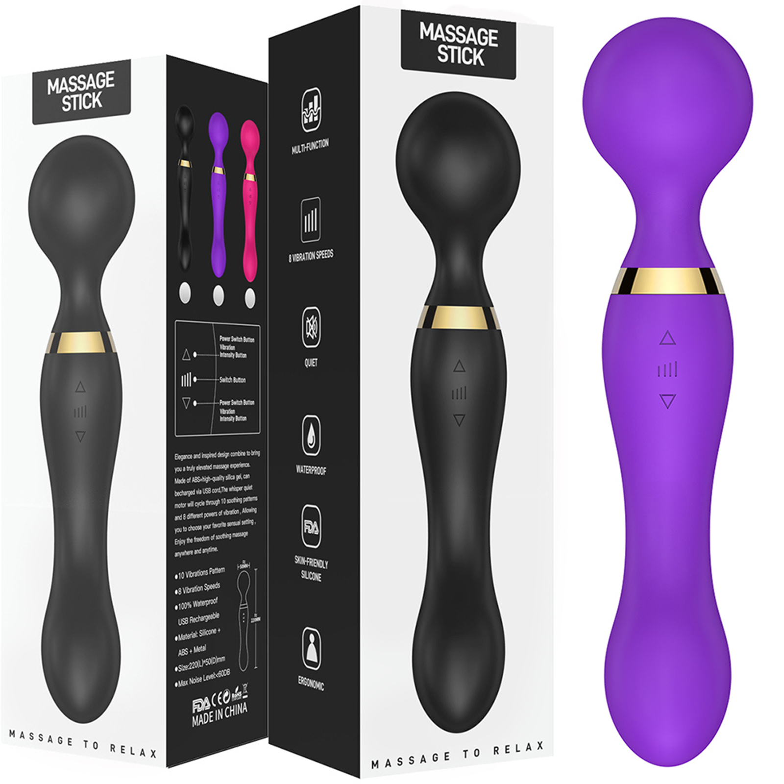 Double Ended Vibrating Wand Silicone Massager G Spot Vibrator 8 Unique Vibrating Functions Dildo Adult Sexy Product