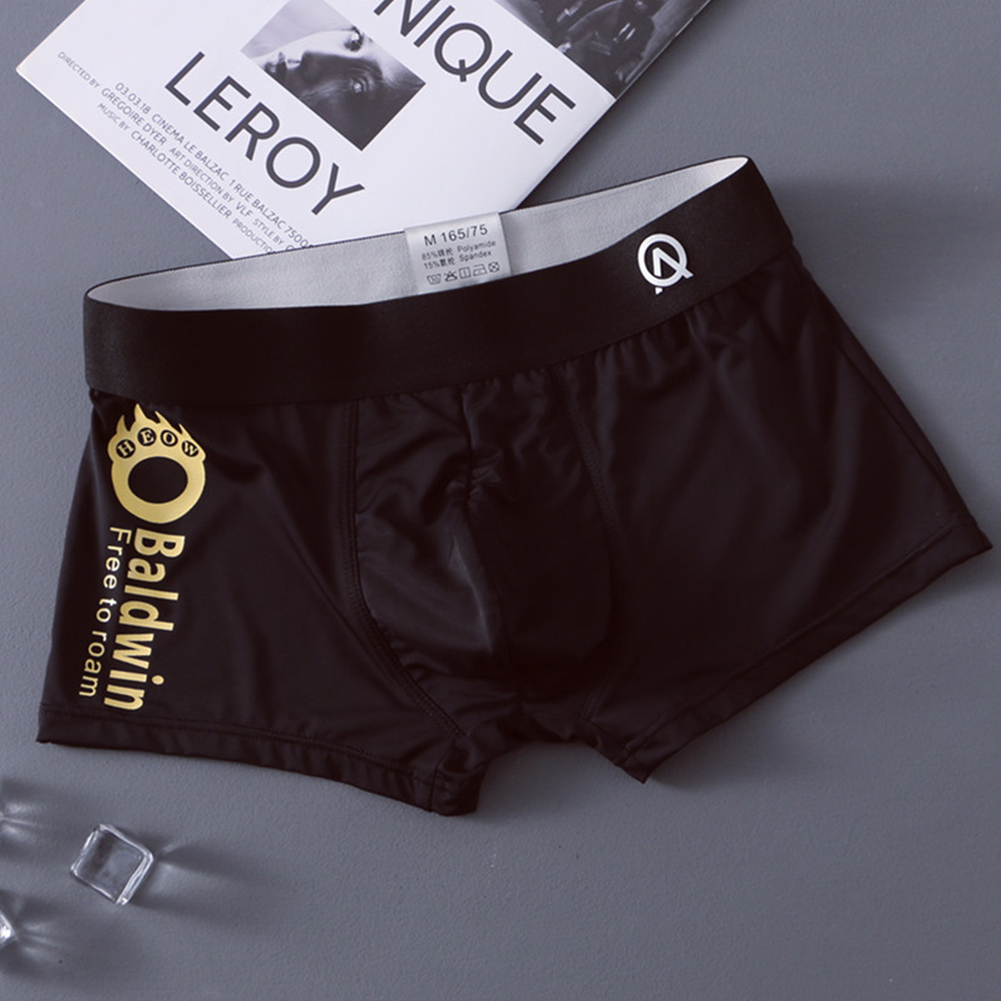 Men Ice Silk Stretch Underwear Mid-waist Solid Color Boxer Briefs Breathable Lightweight Underpants PU black L