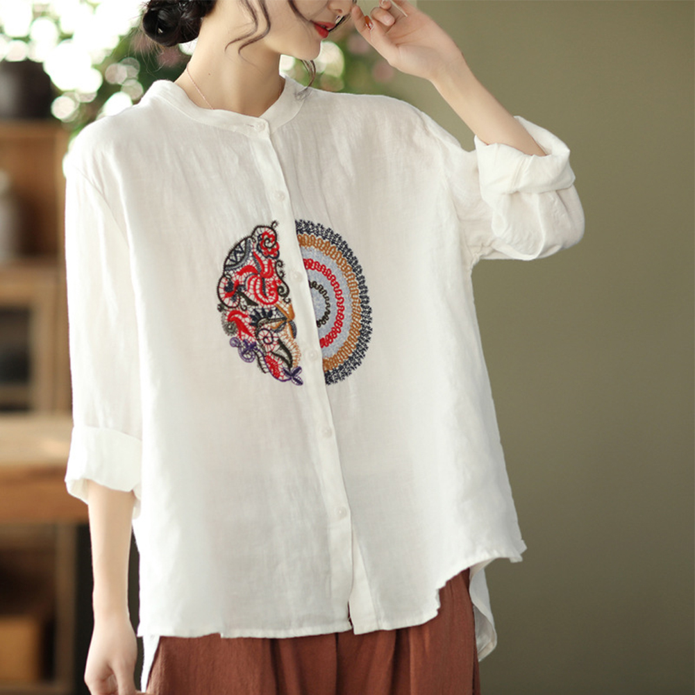 Women Retro Linen Long-sleeved Shirt Embroidered Solid Color Loose Casual Bottoming Shirt Tops Blouse White M