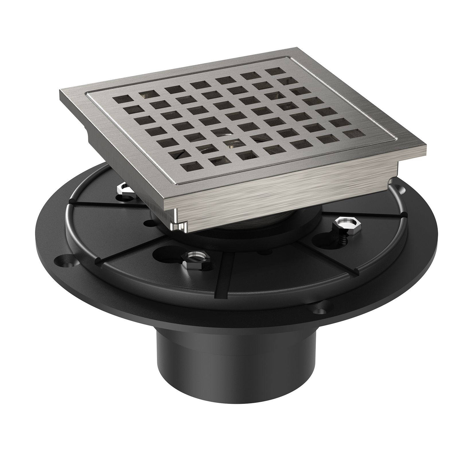US 4 Inch Square Shower Floor Drain Brushed Nickel High Flow Shower Drain Kit with Flange Removable Grid Cover and Hair Filter