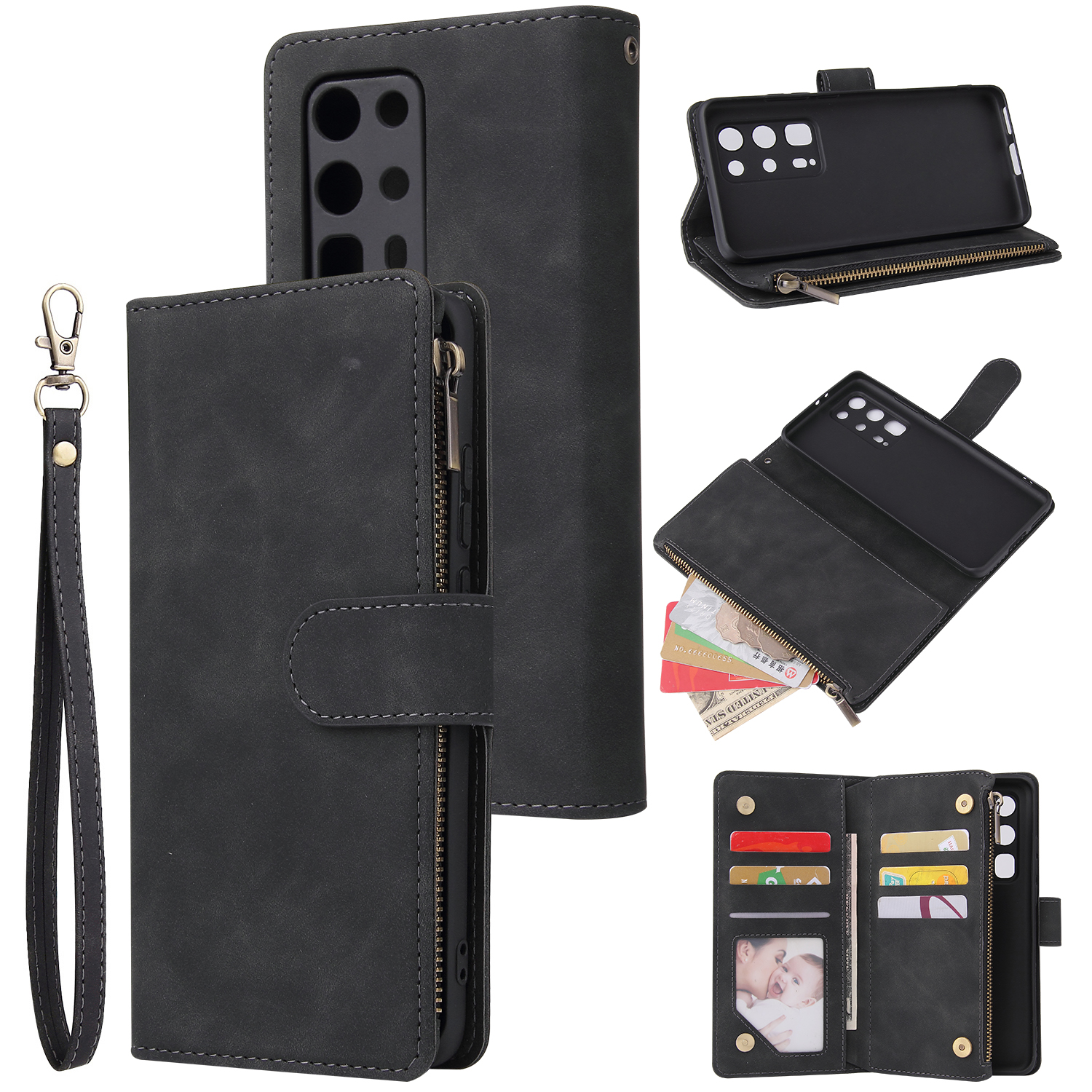 For HUAWEI P40 pro plus Zipper Purse Leather Mobile Phone Cover with Cards Slot Phone Bracket 1 black