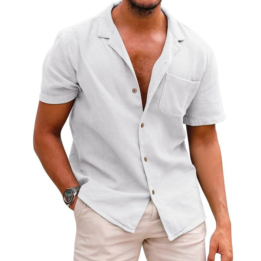 Men Fashion Lapel T-shirt Short Sleeves Linen Cardigan Tops Casual Solid Color Loose Large Size Shirt White XL