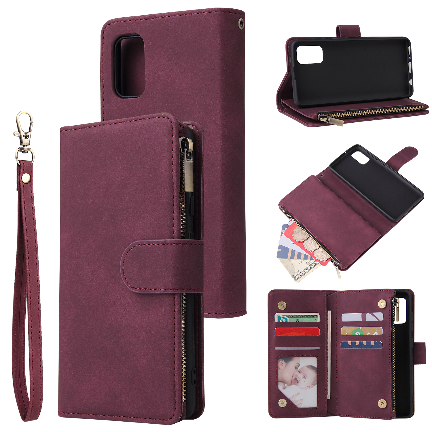 For Samsung A41 Mobile Phone Case Wallet Design Zipper Closure Overall Protection Cellphone Cover 5 wine red