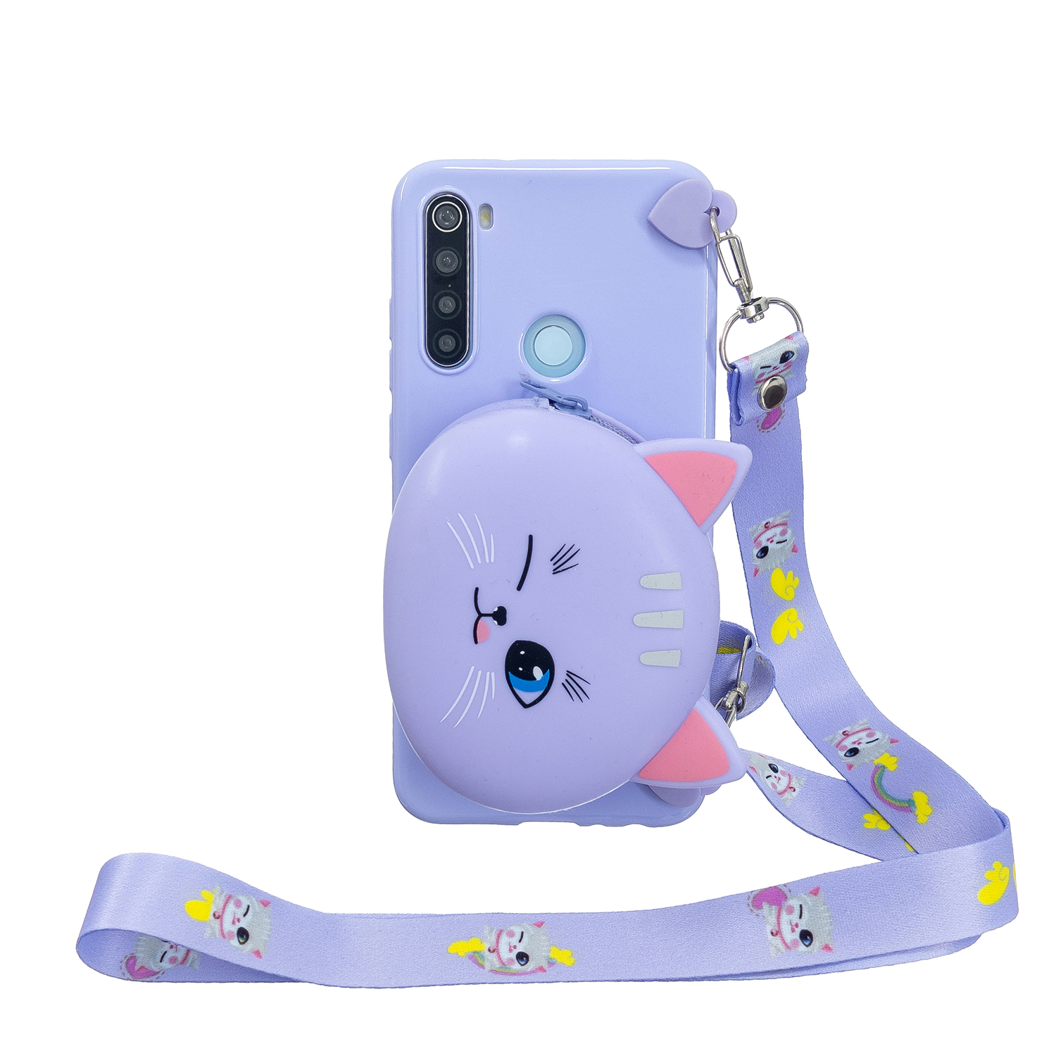 For Redmi Note 8/8T/8 Pro Cellphone Case Mobile Phone Shell Shockproof TPU Cover with Cartoon Cat Pig Panda Coin Purse Lovely Shoulder Starp Purple