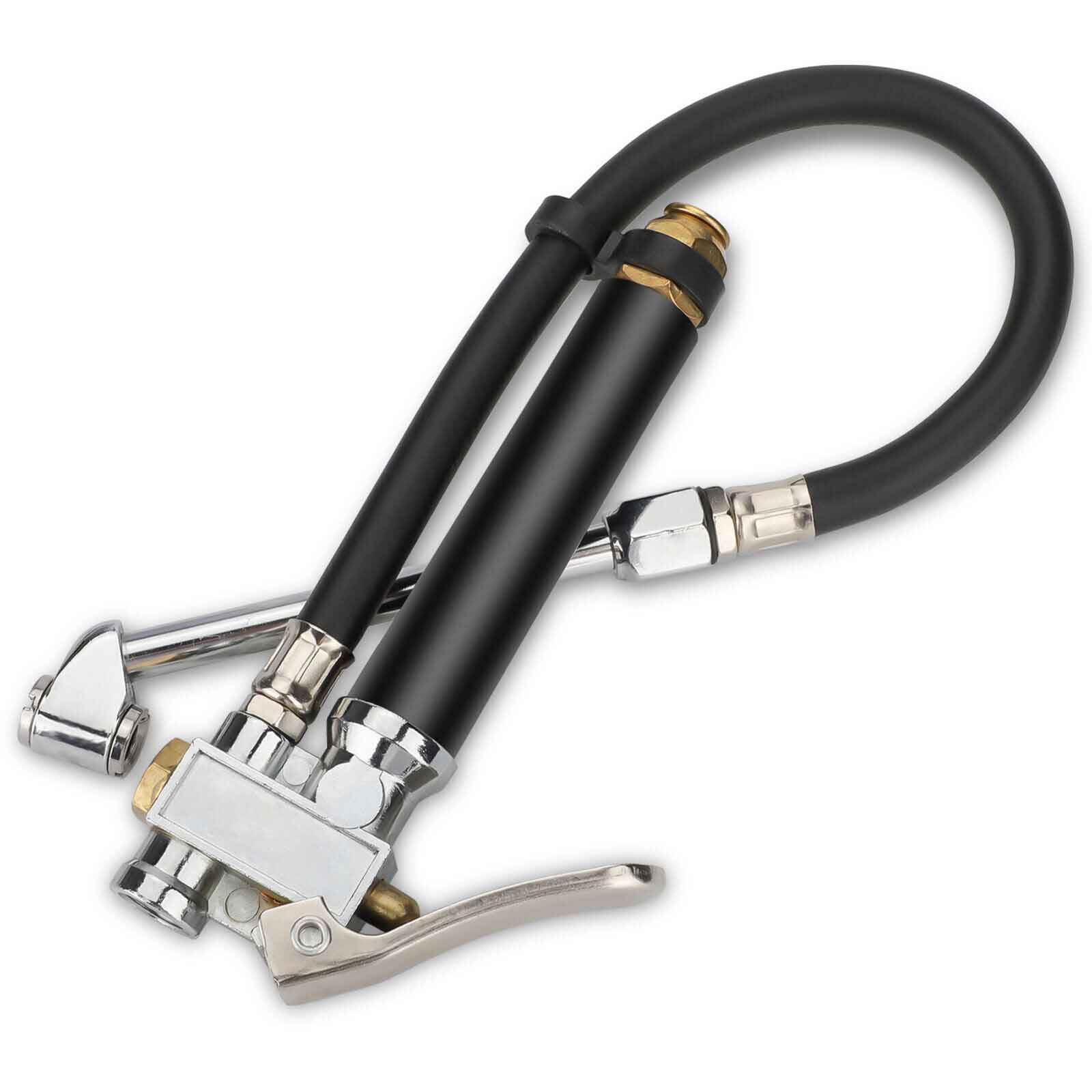 Air Tire Inflator With Pressure Gauge 120 PSI 6 Inch Dual Head Chuck 12 Inch Heavy Duty Rubber Hose 1/4 Inch NPT Internal Threaded Inlet black