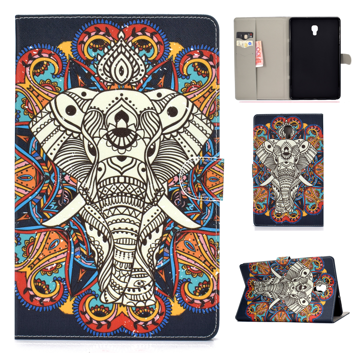 For Samsung T590 Laptop Protective Case Color Painted Smart Stay PU Cover with Front Snap Fun elephant