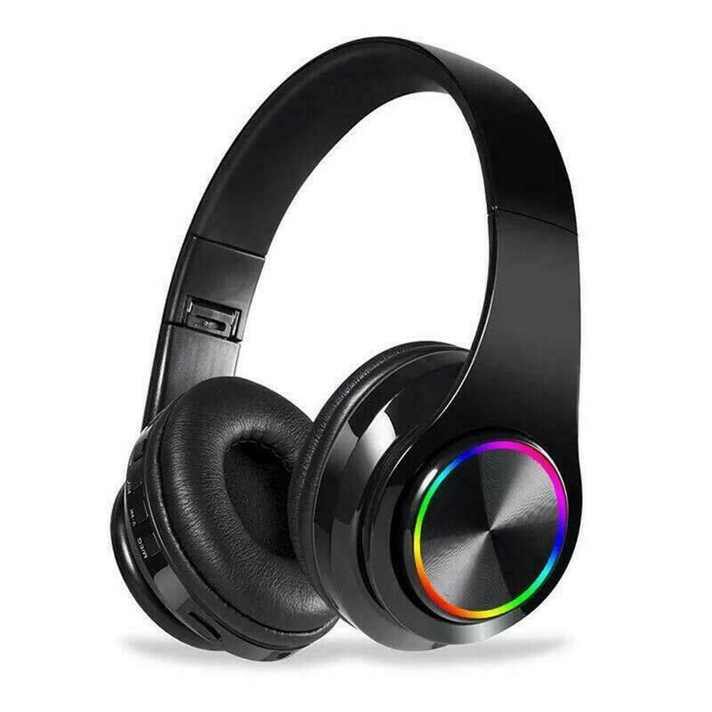 Wireless Luminous Headphones Bluetooth V5.0 Earphones Over-Ear Stereo Super Bass Headset with Microphone black