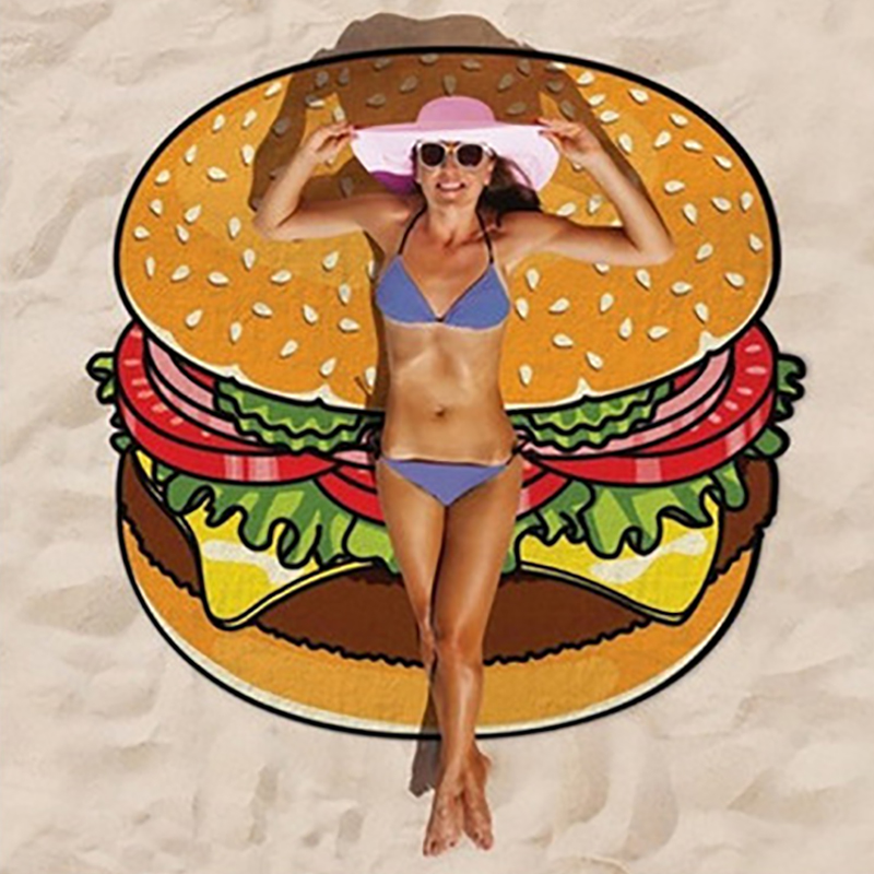 Round 3D Cute Food Pattern Printed Beach Towel Multi-Purpose Chiffon Towel Sunscreen Shawl Scarf  Chiffon