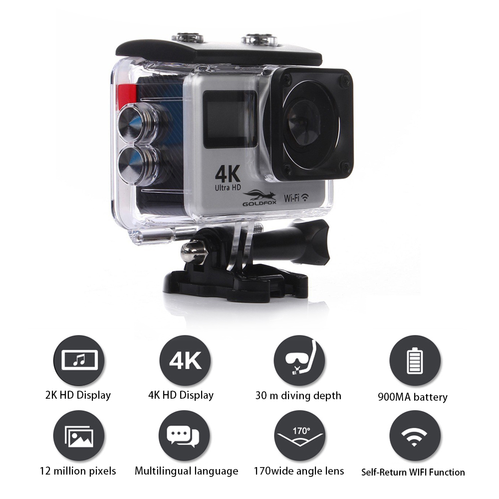 Touch Dual Screen Ultra HD 4K WiFi Sports Action Camera 1080P Waterproof Sports DV Bike Helmet Camera Silver_EU Plug