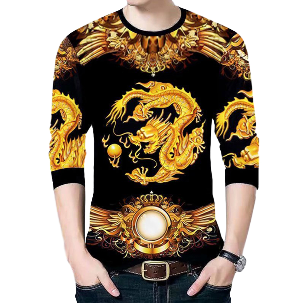 Men's T-shirt Dragon Pattern Round Neck Casual Long-sleeved Shirt Chinese Dragon Long Sleeve#Top_XXL