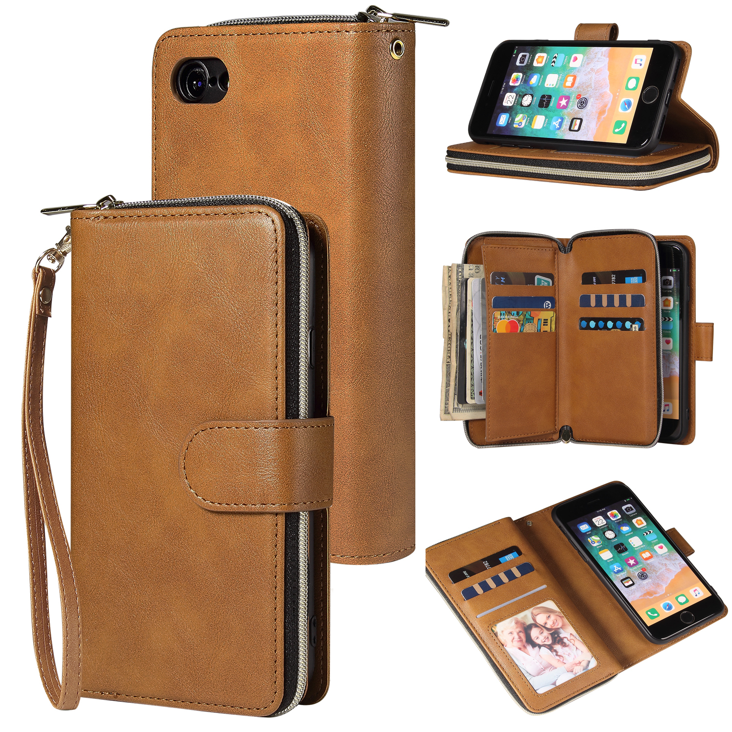For Iphone 6/6s/6 Plus/6s Plus/7 Plus/8 Plus Pu Leather Mobile Phone Cover Zipper Card Bag + Wrist Strap brown