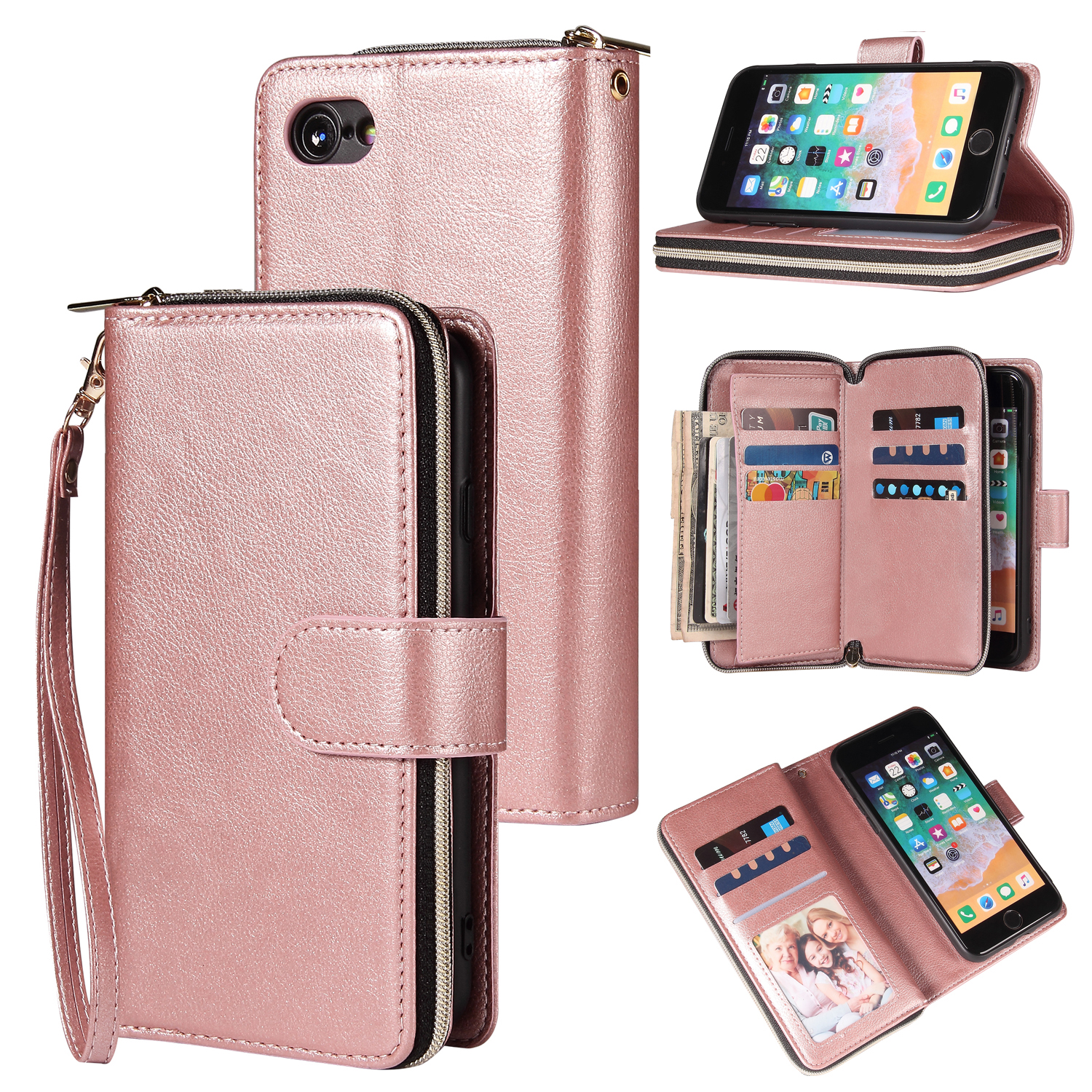 For Iphone 6/6s/6 Plus/6s Plus/7 Plus/8 Plus Pu Leather Mobile Phone Cover Zipper Card Bag + Wrist Strap Rose gold