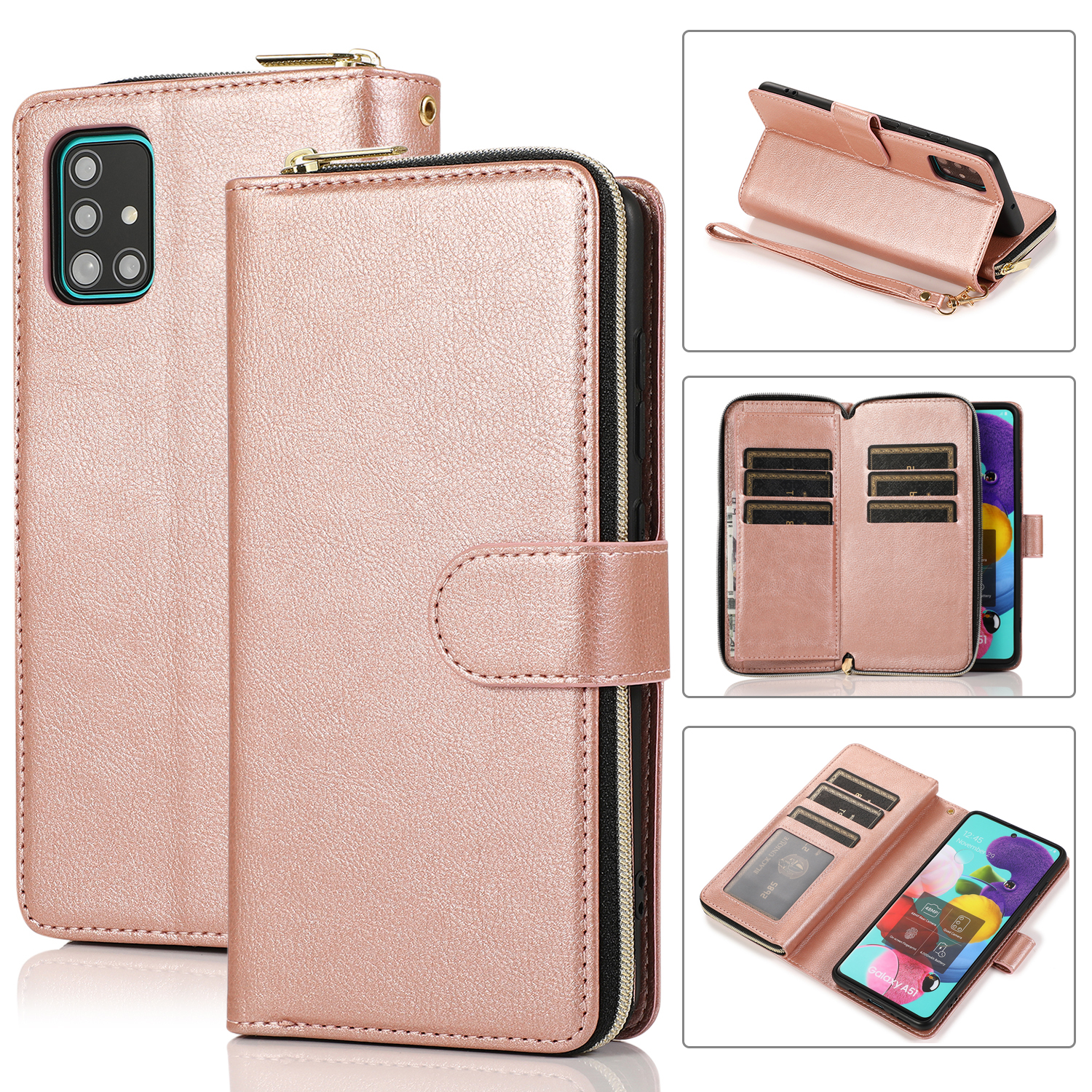 For Samsung A01/A21/A31/A41/A51 Pu Leather Mobile Phone Cover Zipper Card Bag + Wrist Strap Rose gold