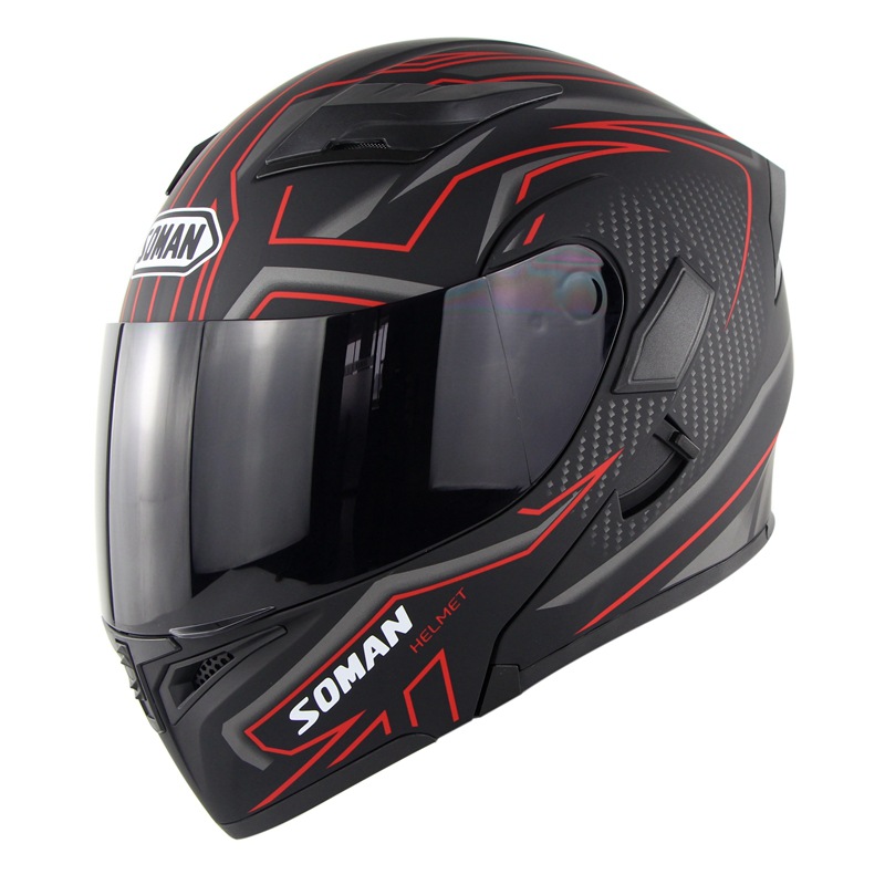 Cool Unisex Double Lens Flip-up Motorcycle Helmet Off-road Safety Helmet Line red with tea  lens_L