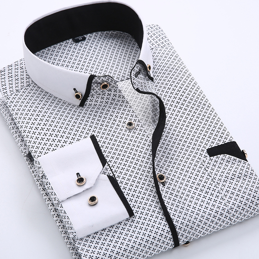 Men Long Sleeves T-shirt Business Lapel Slim Fit Cardigan Tops Casual Polka Dot Printing Shirt XS19 43/XXXL