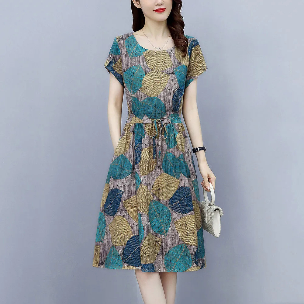 Summer Women Short Sleeves Dress Fashion Floral Printing Round Neck A-line Skirt Casual Pullover Mid-length Dress green XXXL