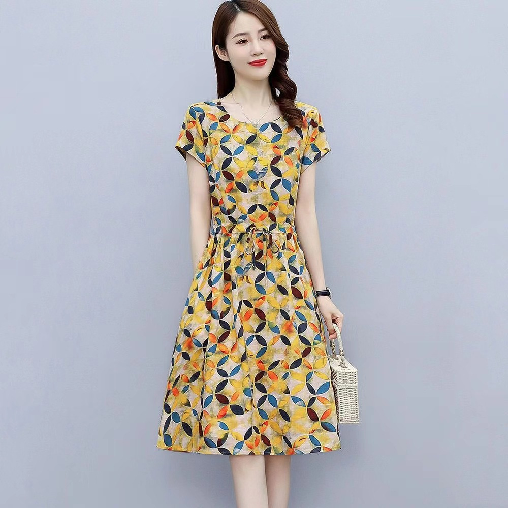 Summer Women Short Sleeves Dress Fashion Floral Printing Round Neck A-line Skirt Casual Pullover Mid-length Dress yellow M