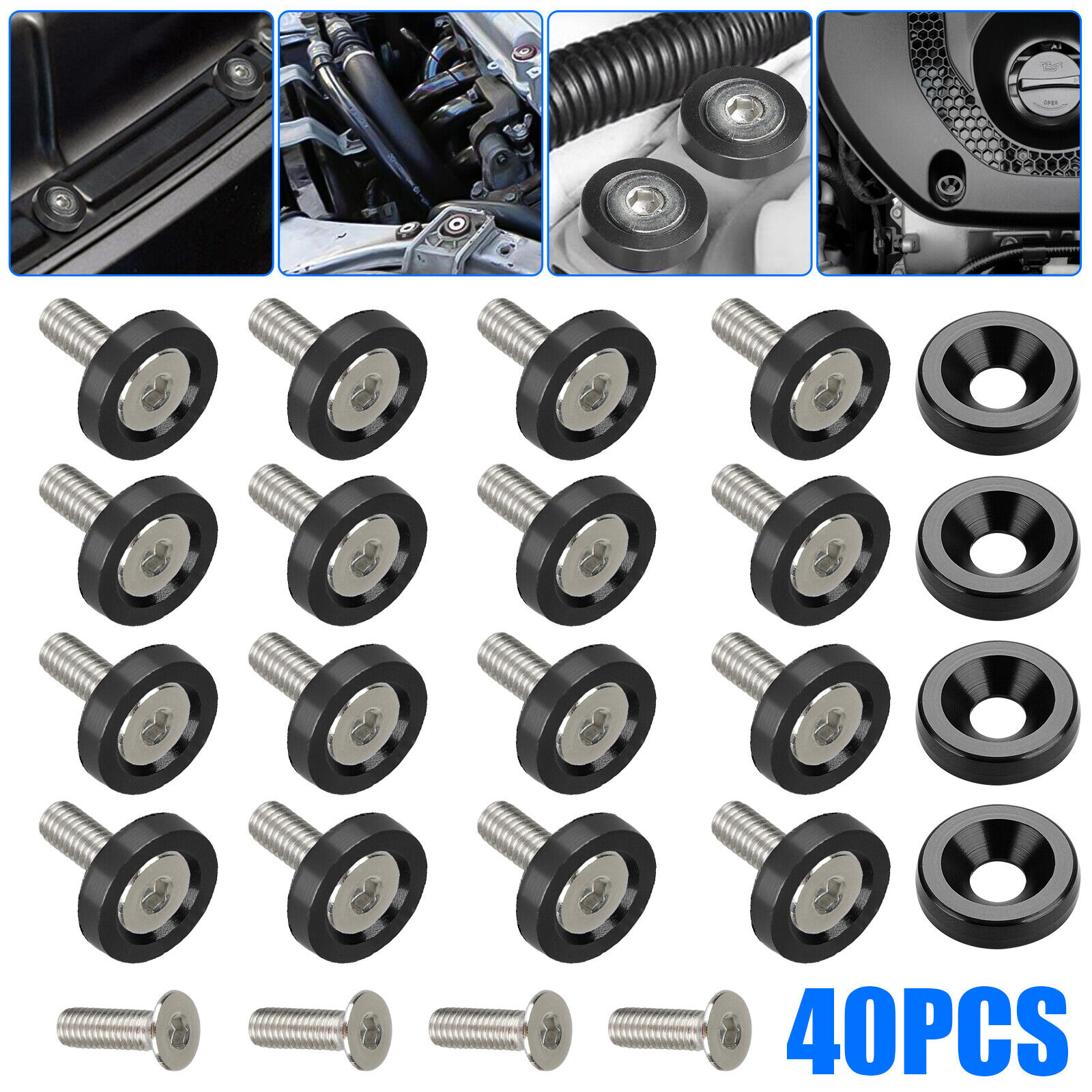 40Pcs Billet Aluminum Fender Bumper Washer Bolt Engine Bay Screw Dress Up Kit M6 x 20MM Bolts Auto Accessories black