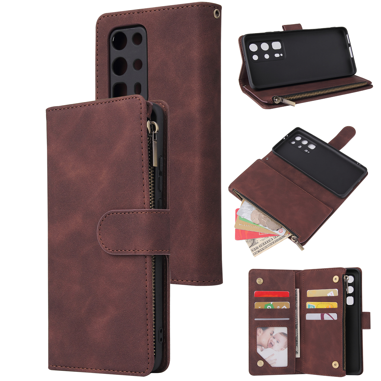 For HUAWEI P40 pro plus Zipper Purse Leather Mobile Phone Cover with Cards Slot Phone Bracket 3 brown