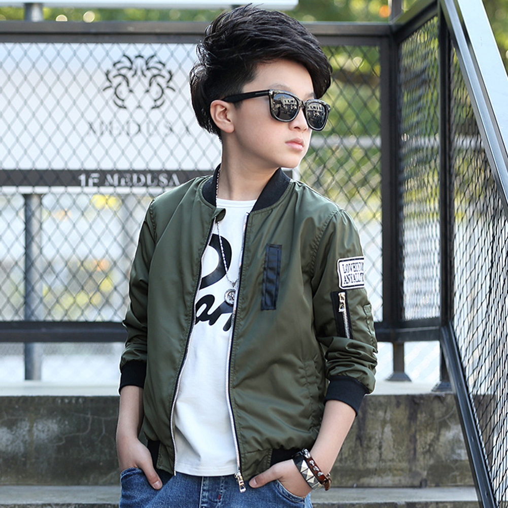 Boys Long Sleeve Jacket Fashion Stand Collar Solid Color Zipper Cardigan Baseball Uniform green 150cm