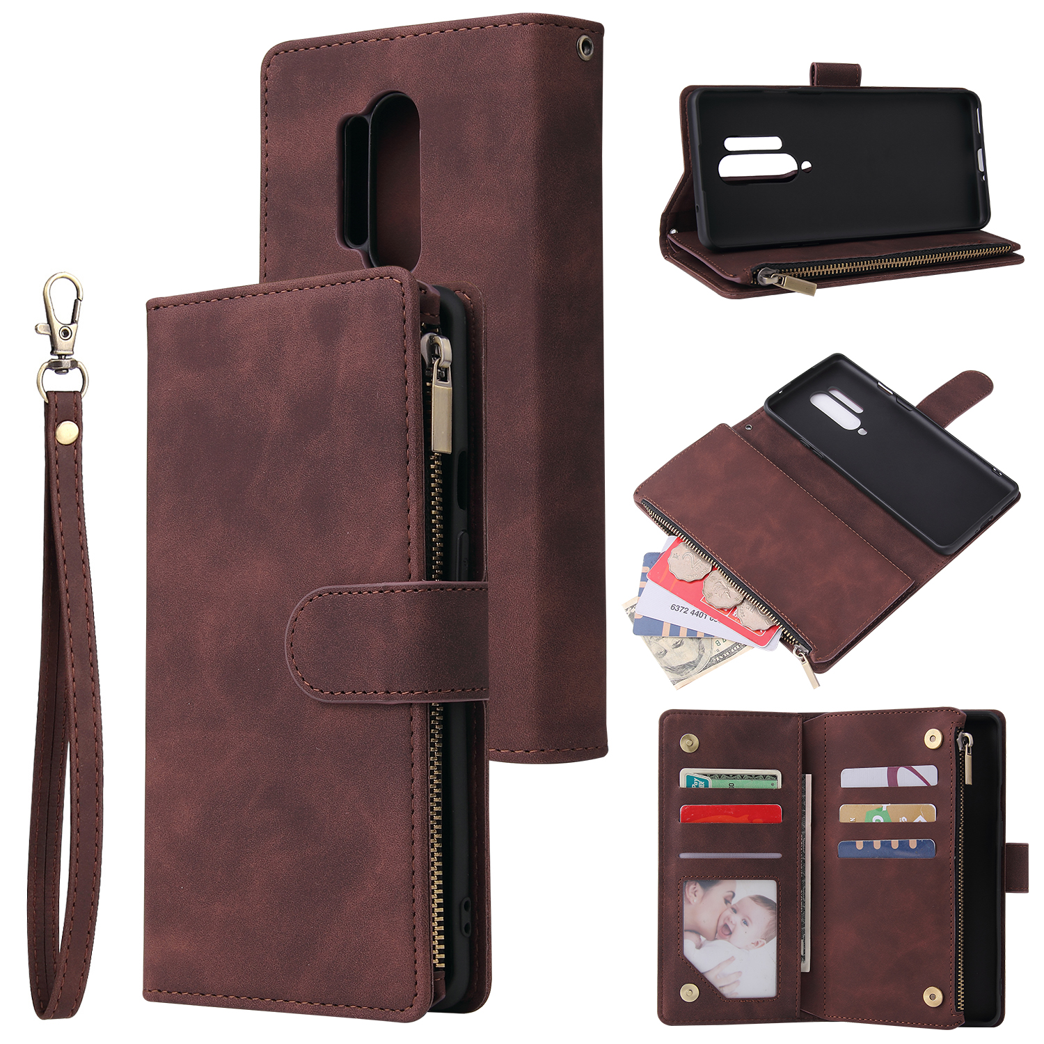 For One plus 8 pro Mobile Phone Case Smartphone Shell Wallet Design Zipper Closure Overall Protection Cellphone Cover 3 brown