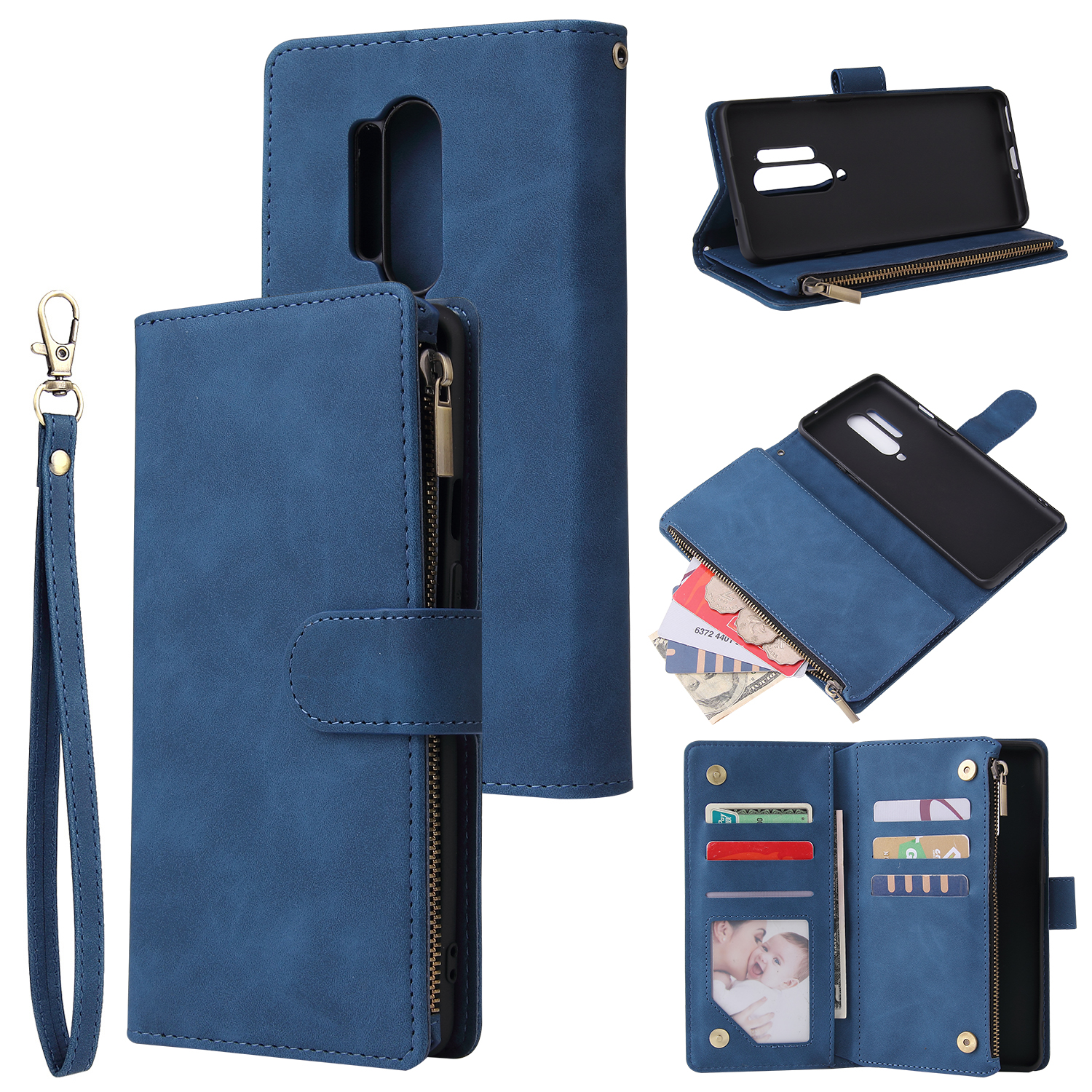 For One plus 8 pro Mobile Phone Case Smartphone Shell Wallet Design Zipper Closure Overall Protection Cellphone Cover 2 blue