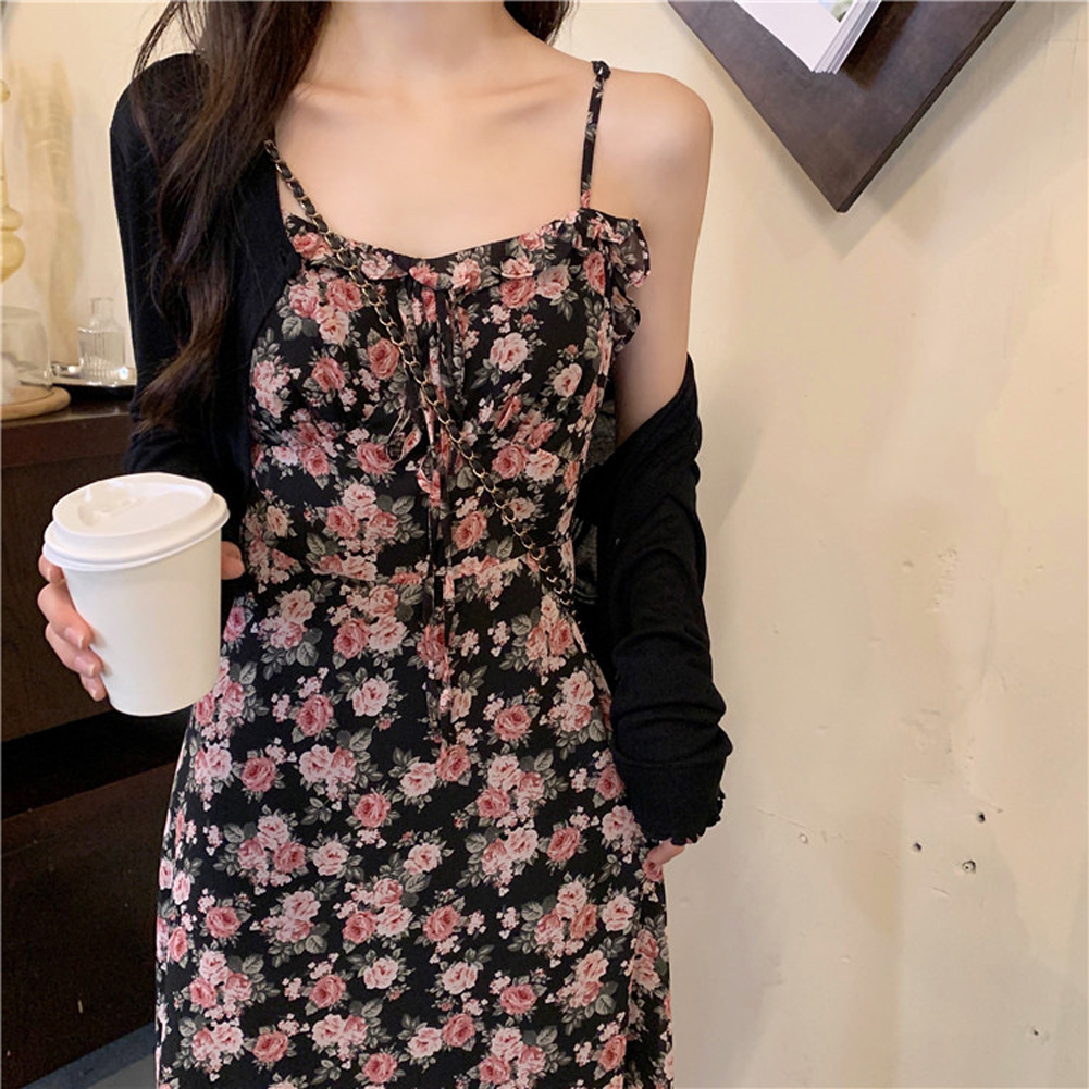 Women Floral Printing Dress Fashion Square Collar Spaghetti Strap A-line Skirt Casual High Waist Pullover Sundress As shown L