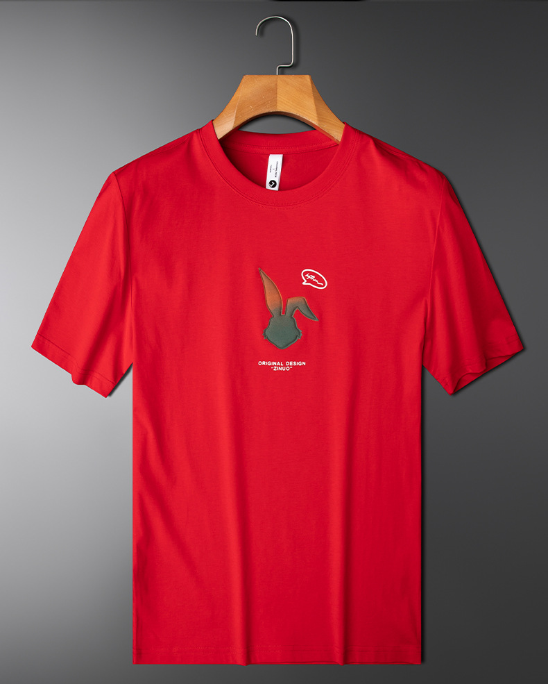 Men Round Neck Short Sleeves Tops Summer Fashion Cartoon Rabbit Printing T-shirt Casual Large Size Shirt red L