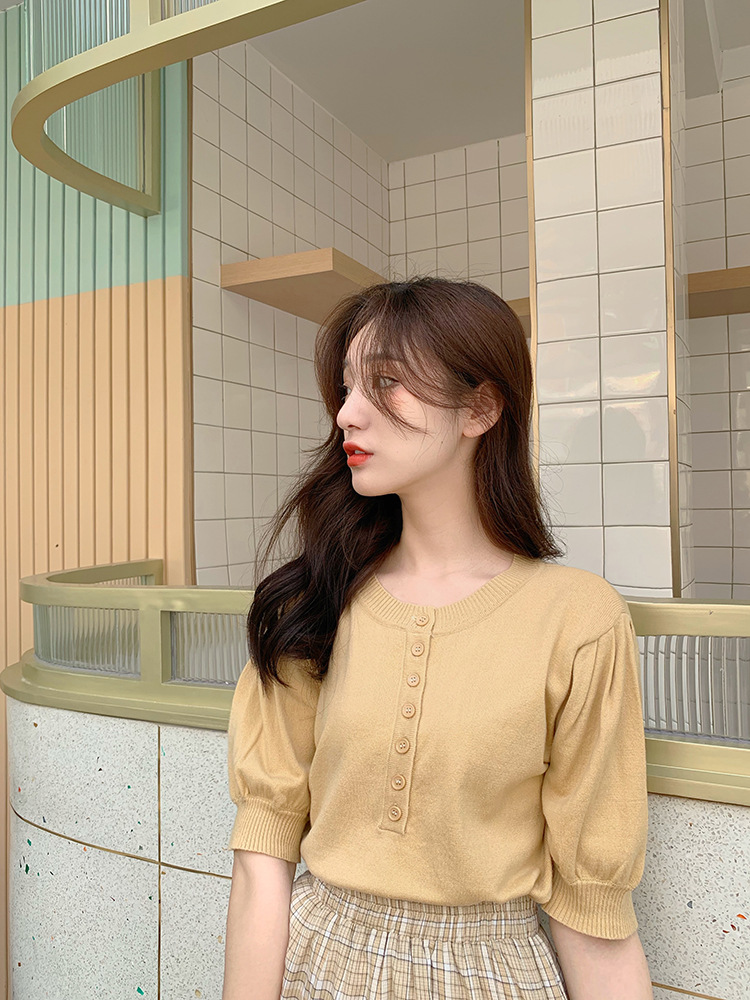 Women Puff Short Sleeve Knitted Tops Classic Round Neck Pullover Shirt Loose Casual Solid Color Knitwear dark apricot One size fits all