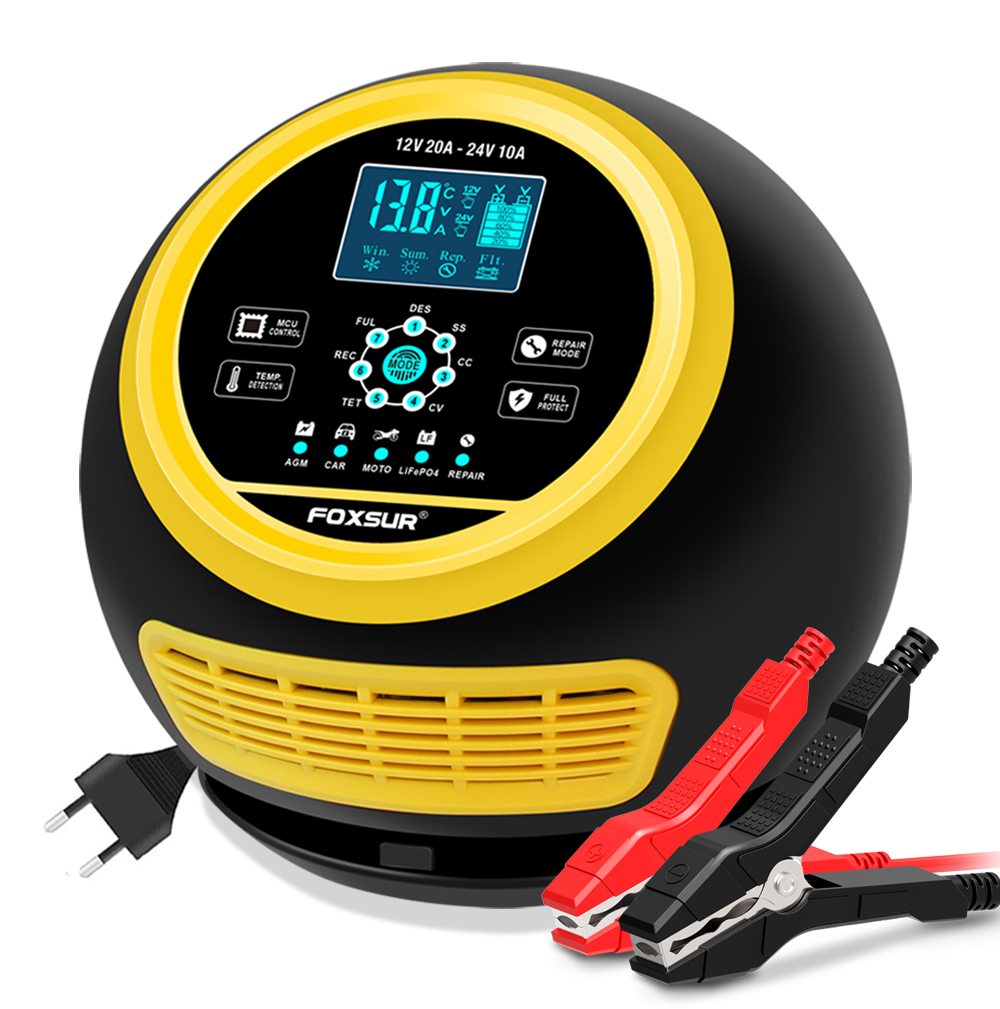 FOXSUR Car Battery Charger 12V 24V Automatic Smart Charger with Alligator Clips