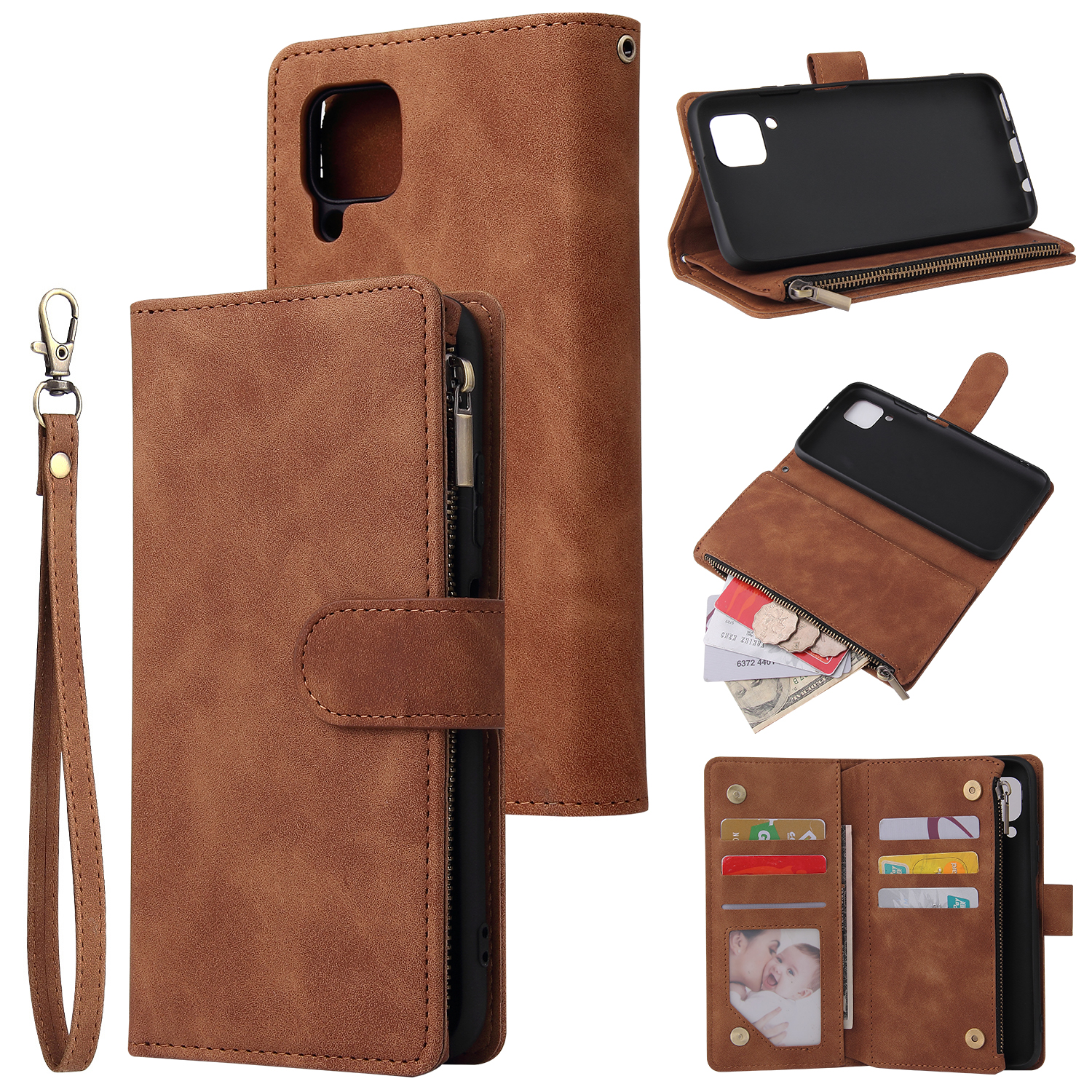 For HUAWEI P40 Lite Leather Mobile Phone Cover with Zipper Purse Cards Slot Phone Bracket 4 brown