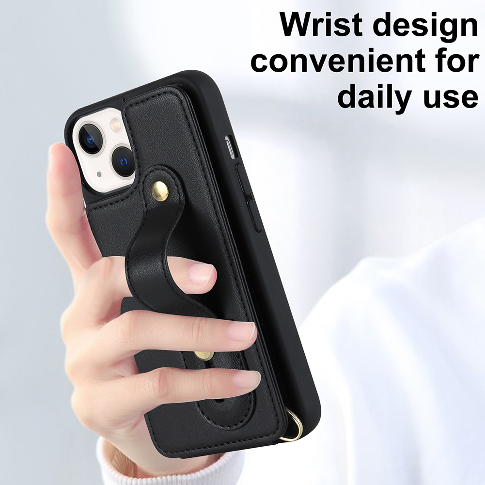 Mobile Phone Case For Iphone14 S23 A54 Leather Case With Wristband Kickstand Card Holder Strap black 14 pro