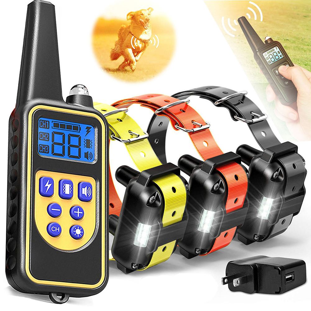 Pet Collar Bark Stopper Remote Dog  Training Device Beep  Vibration Electric Shock Collar 880-3 black orange yellow band_U.S. plug