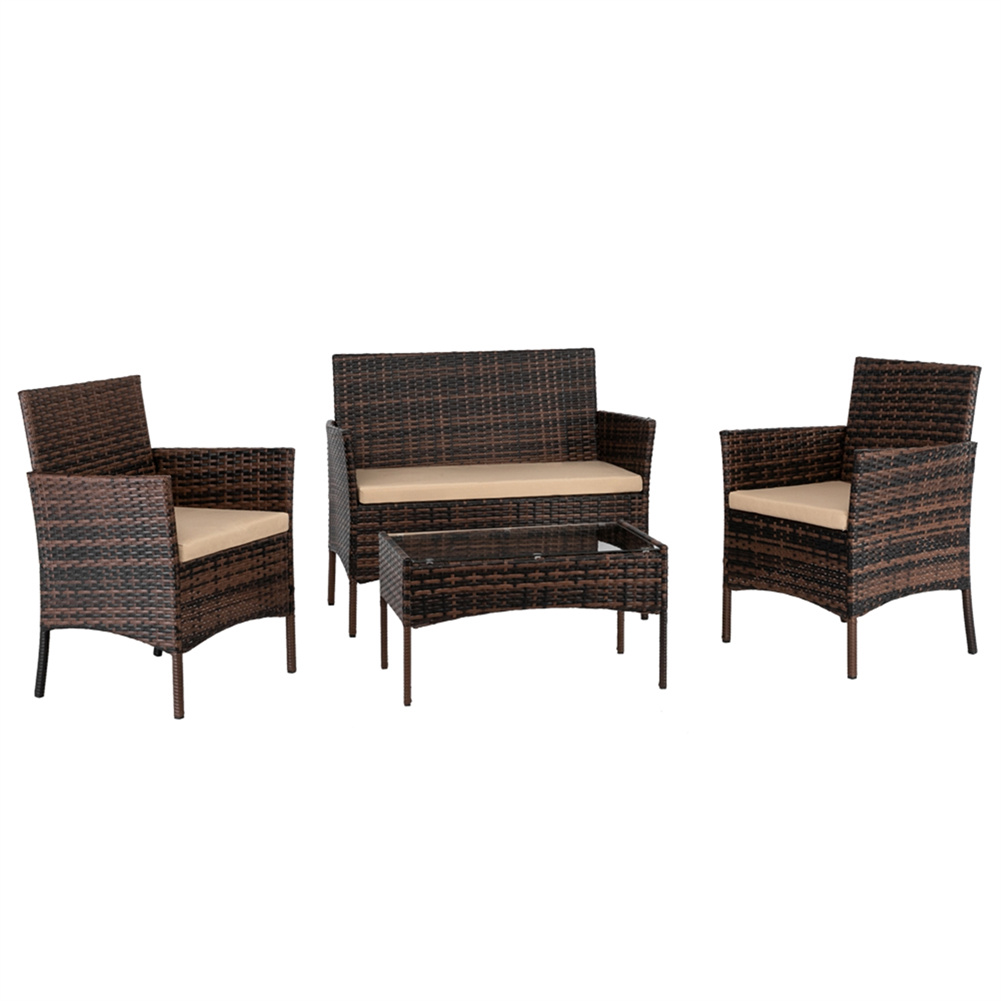 [US Direct] 4pcs Rattan Table Chairs Set Includes Arm Chairs Coffee Table For Living Room Office Room Decoration brown