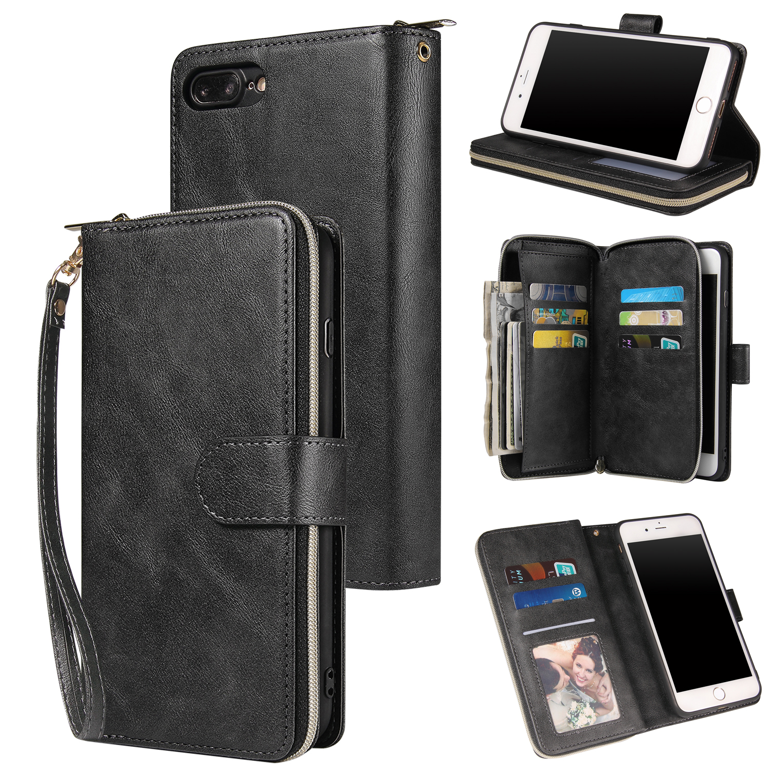For Iphone 6/6s/6 Plus/6s Plus/7 Plus/8 Plus Pu Leather  Mobile Phone Cover Zipper Card Bag + Wrist Strap black