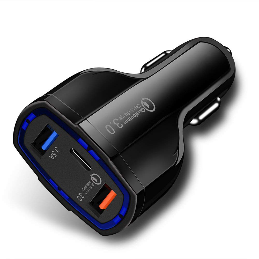 [Indonesia Direct] Quick Charge 3.0 with USB Type C Car Charger Built-in Power Delivery PD Port 35W 3 Ports for Apple iPad+iPhone X/8/Plus/Samsung Galaxy+/LG, Nexus, HTC black