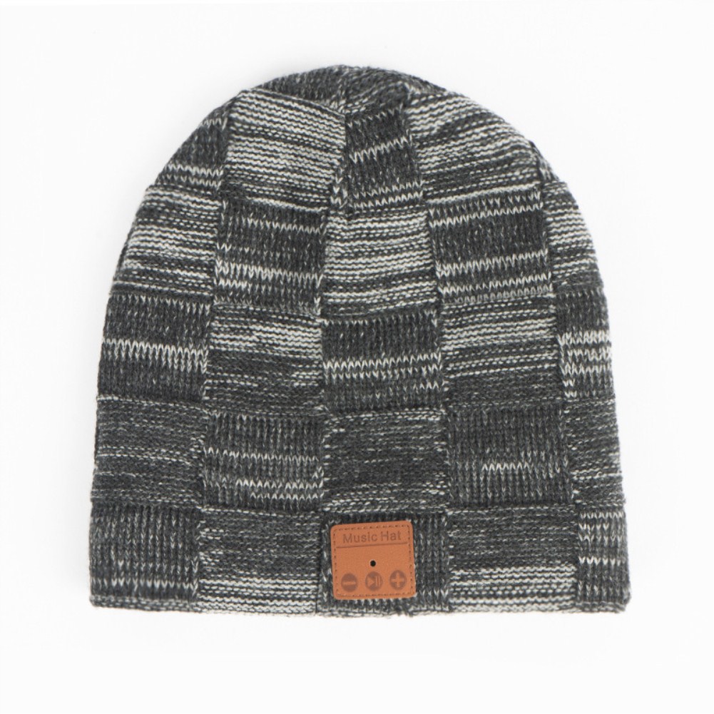 V5.0 Wireless Headset Bluetooth Call Music Stereo Knitting Plus Velvet Hat Beanie  Hemp gray