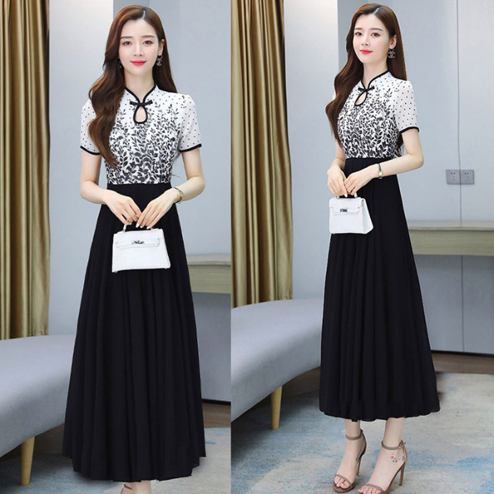 Women Cheongsam Dress Summer Short Sleeves Stand Collar A-line Skirt High Waist Large Swing Dress p01 black 4XL