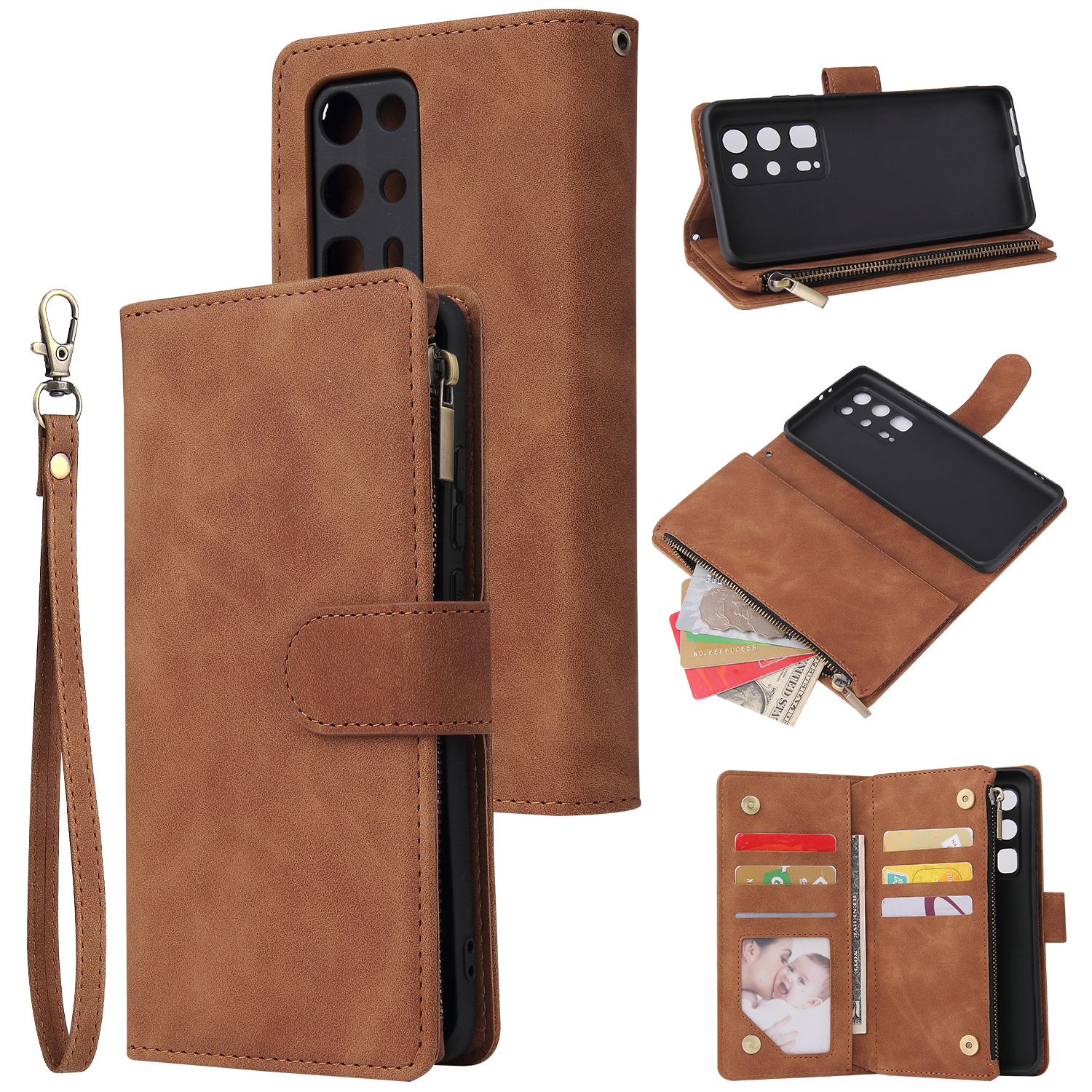 For HUAWEI P40 pro plus Zipper Purse Leather Mobile Phone Cover with Cards Slot Phone Bracket 4 brown