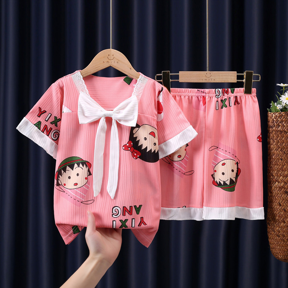 2pcs Kids Pajamas Set Round Neck Short-sleeved Top Shorts Princess Girls Summer Homewear D Yi bow - pink meatballs 120-130cm 14