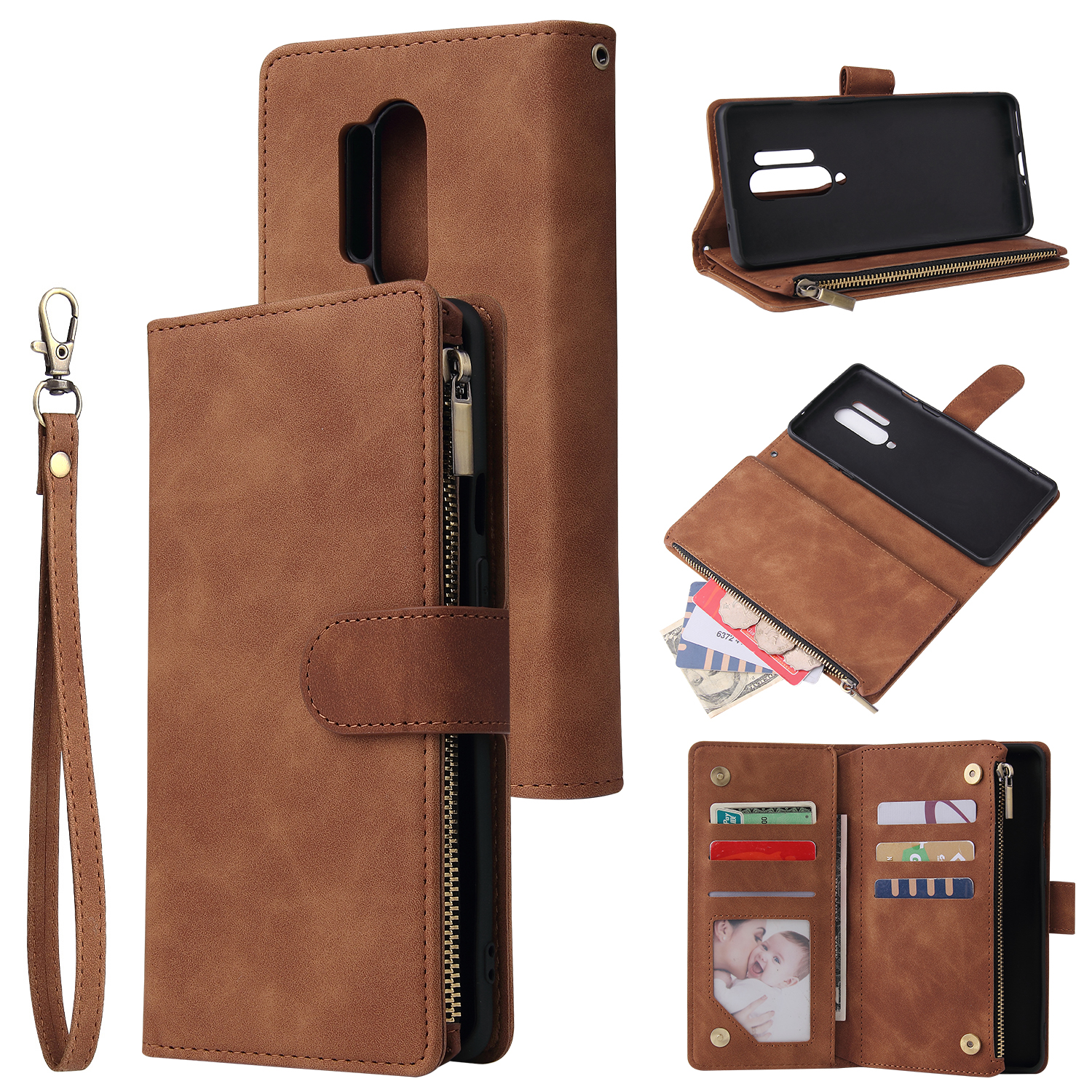 For One plus 8 pro Mobile Phone Case Smartphone Shell Wallet Design Zipper Closure Overall Protection Cellphone Cover 4 brown