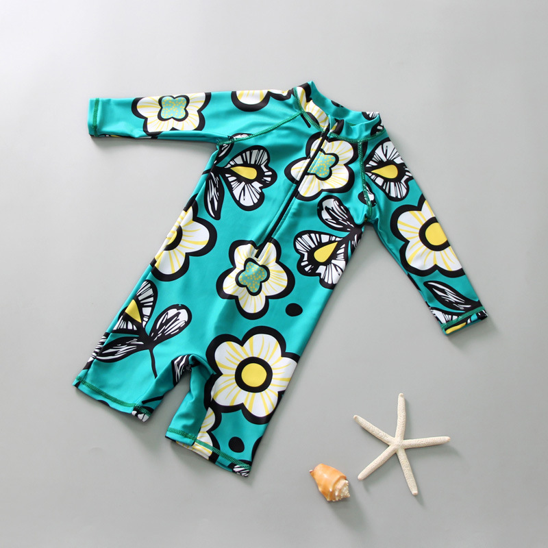 Baby Boys One-piece Swimsuit Long Sleeve Short Pants Surfing Suit Children Swimwear Summer Sunscreen flower 4-5Y M