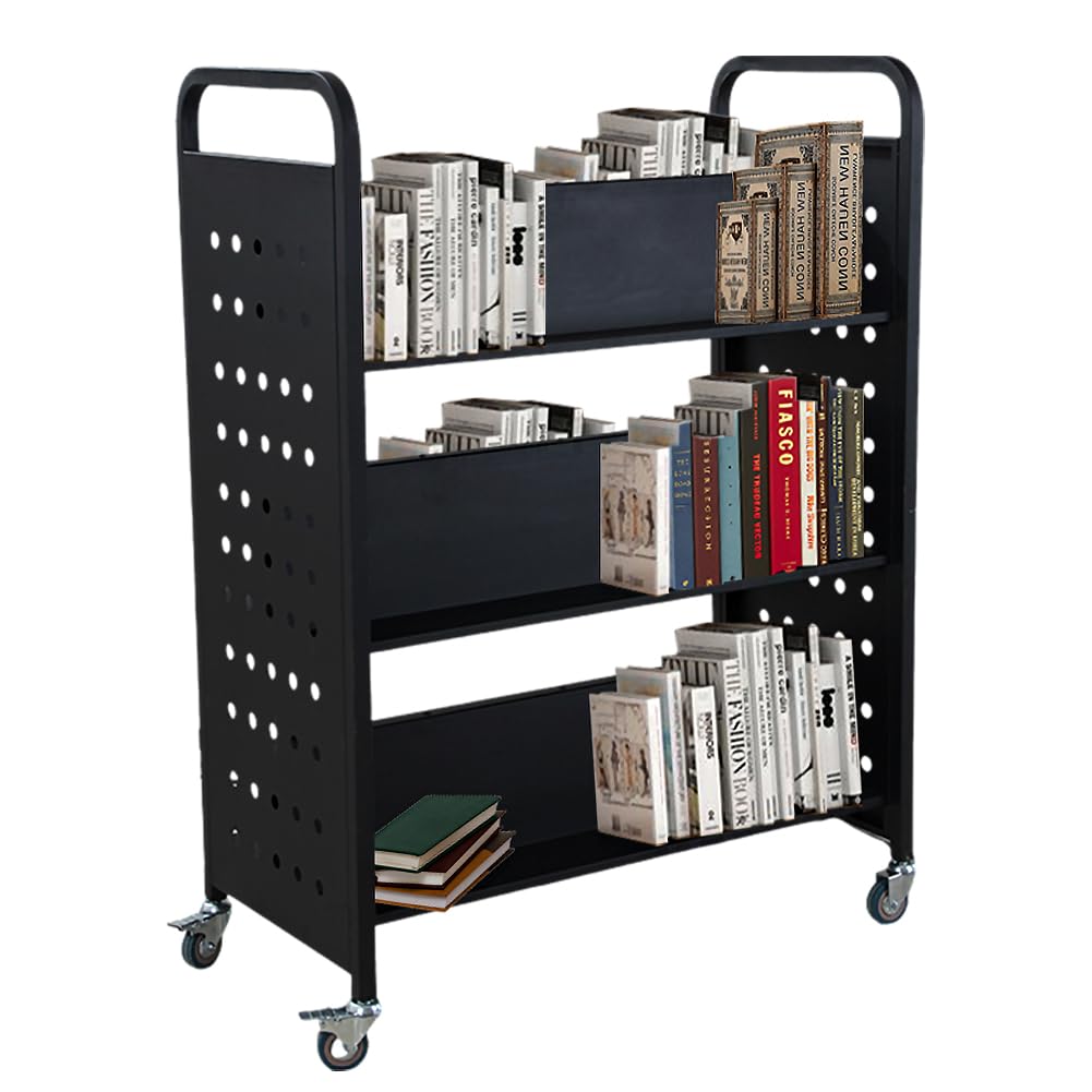 US GARVEE Book Cart 200LBS Library Cart Rolling Book Cart with 4 Inch Lockable Wheels for Libraries