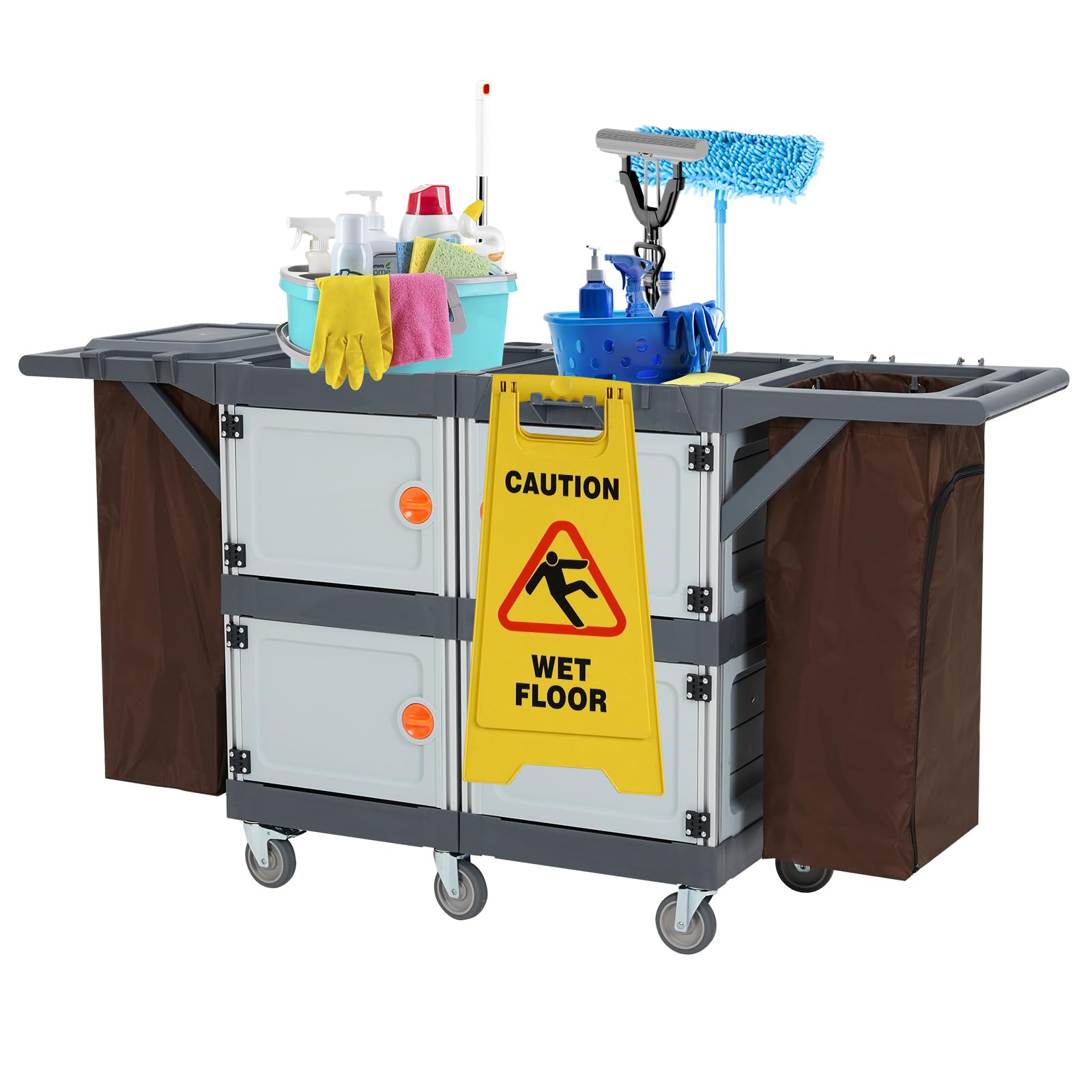 US GARVEE Commercial Janitorial Cart with 4 Cabinet Housekeeping Caddy Gray