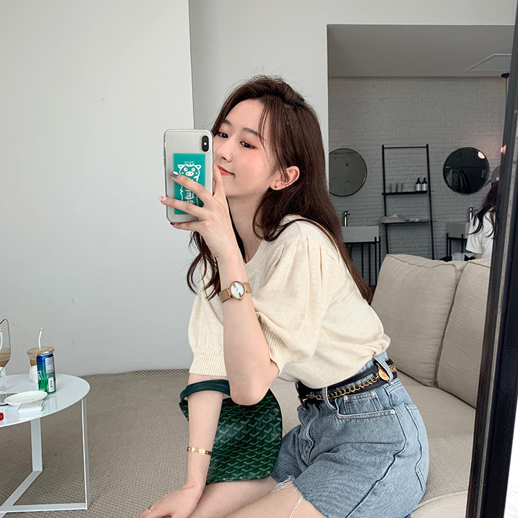 Women Puff Short Sleeve Knitted Tops Classic Round Neck Pullover Shirt Loose Casual Solid Color Knitwear beige apricot One size fits all