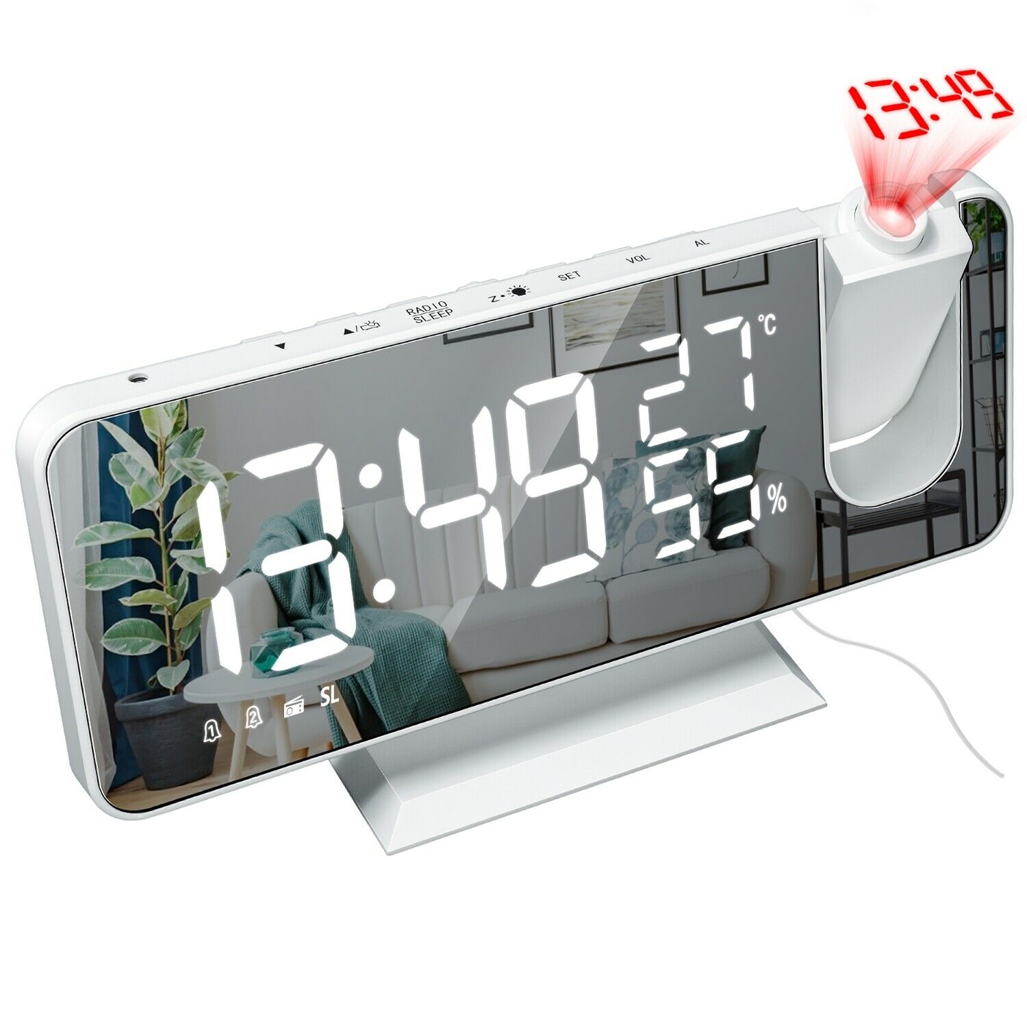 7.5-inch Led Digital Projector Projection Snooze 2 Alarm Clock Fm Radio Timer White and white letter