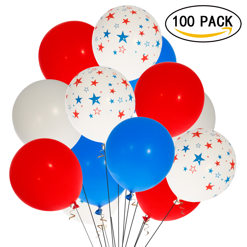US Fidgetkit 12-Inch Star Printing Latex Balloon(100 Pieces), Red, Blue, White, and Star Balloons for Celebration United States Independence Day