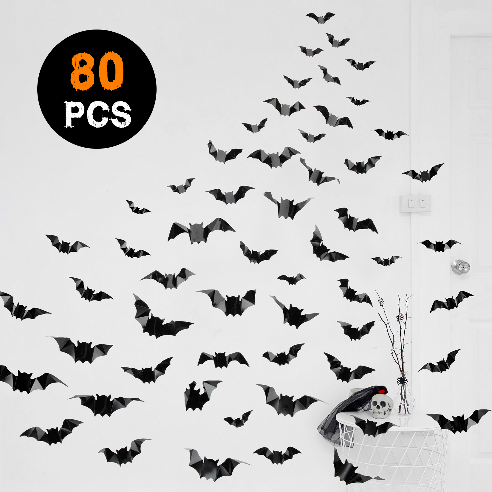US CYNDIE 80PCS 3d Bats Wall Stickers 4 Sizes Halloween Decorative Decals Wallpaper