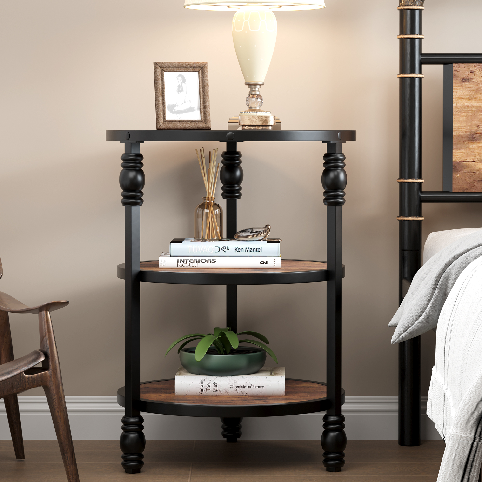 US GARVEE 3-Tier Round Side Table with Storage Shelf, Metal Legs, MDF Wood, Vintage Style, for Living Room, Bedroom