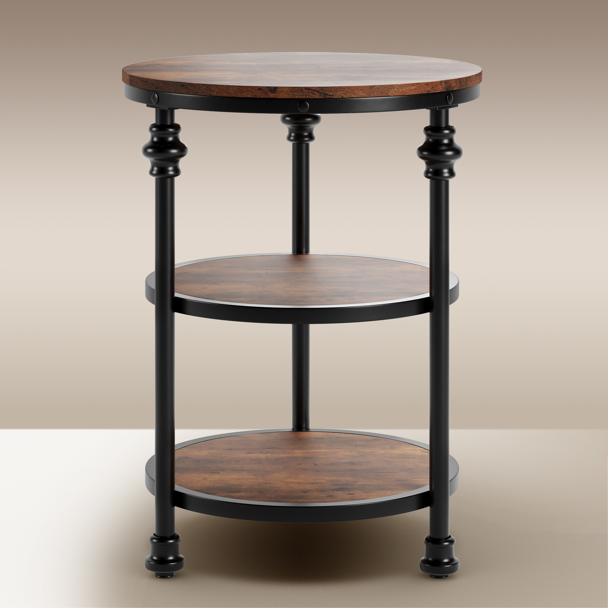 US GARVEE Round Side Table, 3-Tier End Table Living Room Accent Table with Storage Shelf and Metal Industrial Wood Bed Side Table/Night Stand for Bedroom, Rustic Brown